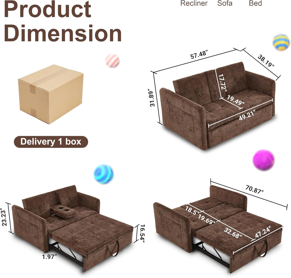 57.48' Convertible Sofa Bed with Cup Holder, Pull Out Sleeper Sofa Bed with USB Charging Ports, 3 in 1 Convertible Sleeper Sofa Bed for Living Room, Apartment, Bedroom, RV, Brown