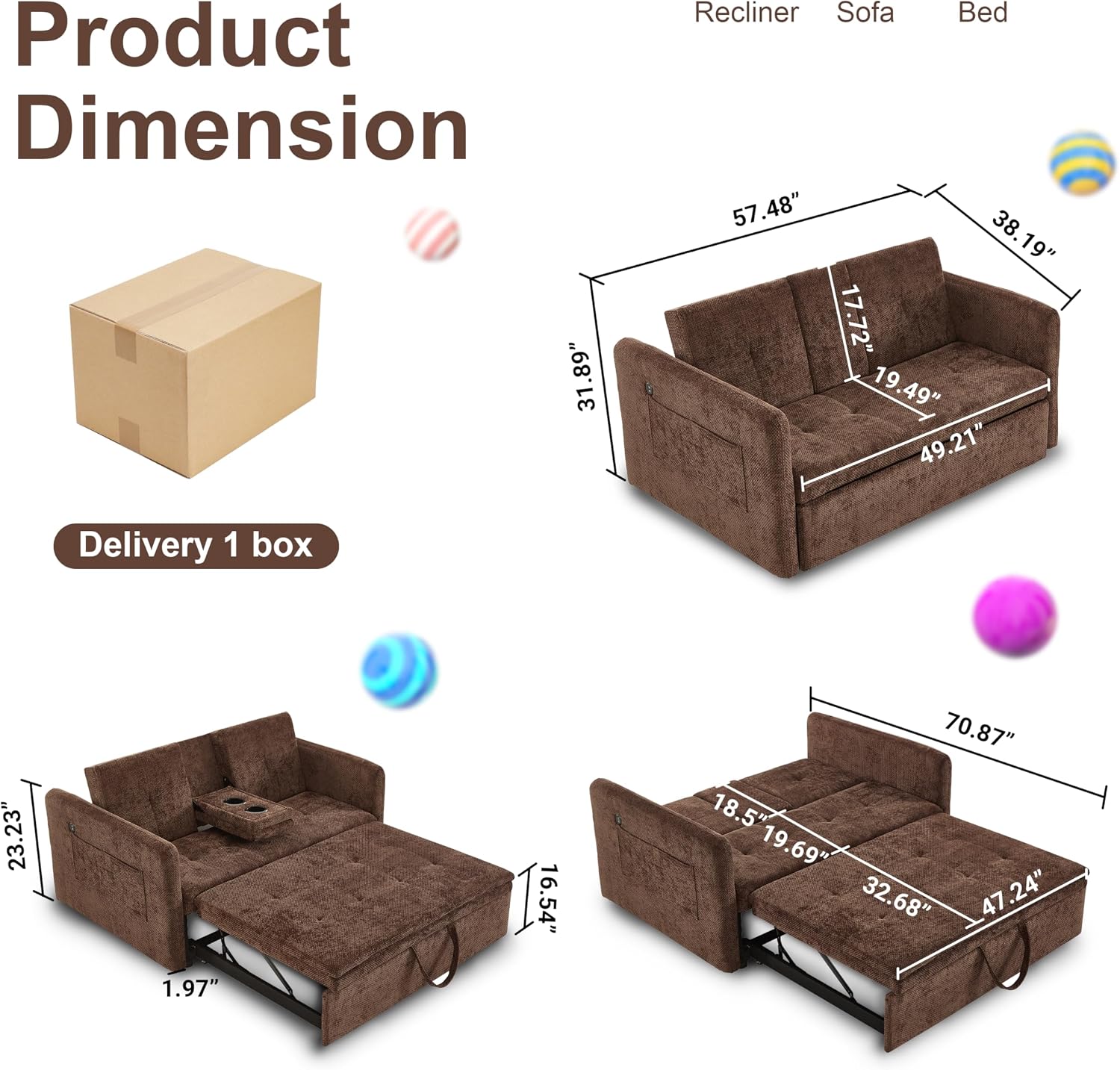 57.48' Convertible Sofa Bed with Cup Holder, Pull Out Sleeper Sofa Bed with USB Charging Ports, 3 in 1 Convertible Sleeper Sofa Bed for Living Room, Apartment, Bedroom, RV, Brown