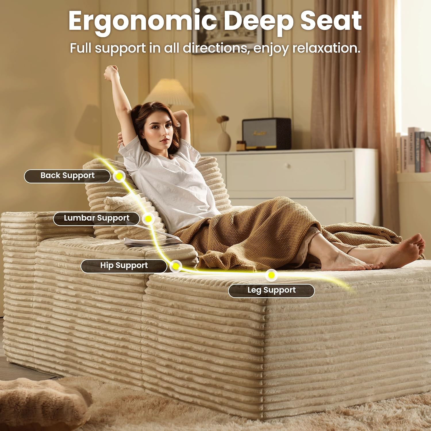 ovios 67'' Chaise Lounge Chair Indoor, Oversized Upholstered Boneless Sofa Bed, Deep Seat Sleeper Couch, Plush Cloud Sofas Couches for Living Room, No Assembly Required (Faux Fur, Beige)