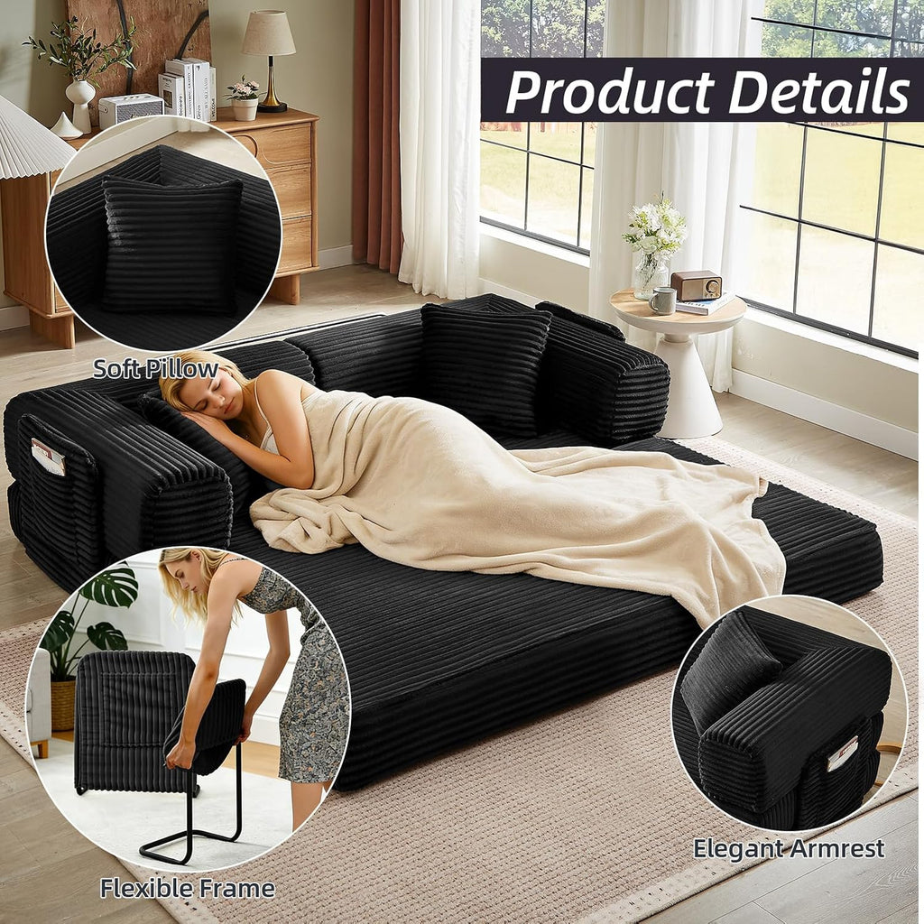 81 Inch Convertible Folding Sofa Bed,Fold Out Floor Sofa Couch with Fixed-Shape Frame,Corduroy Foldable Mattress Cloud Couch for Living Room Bedroom (Black)