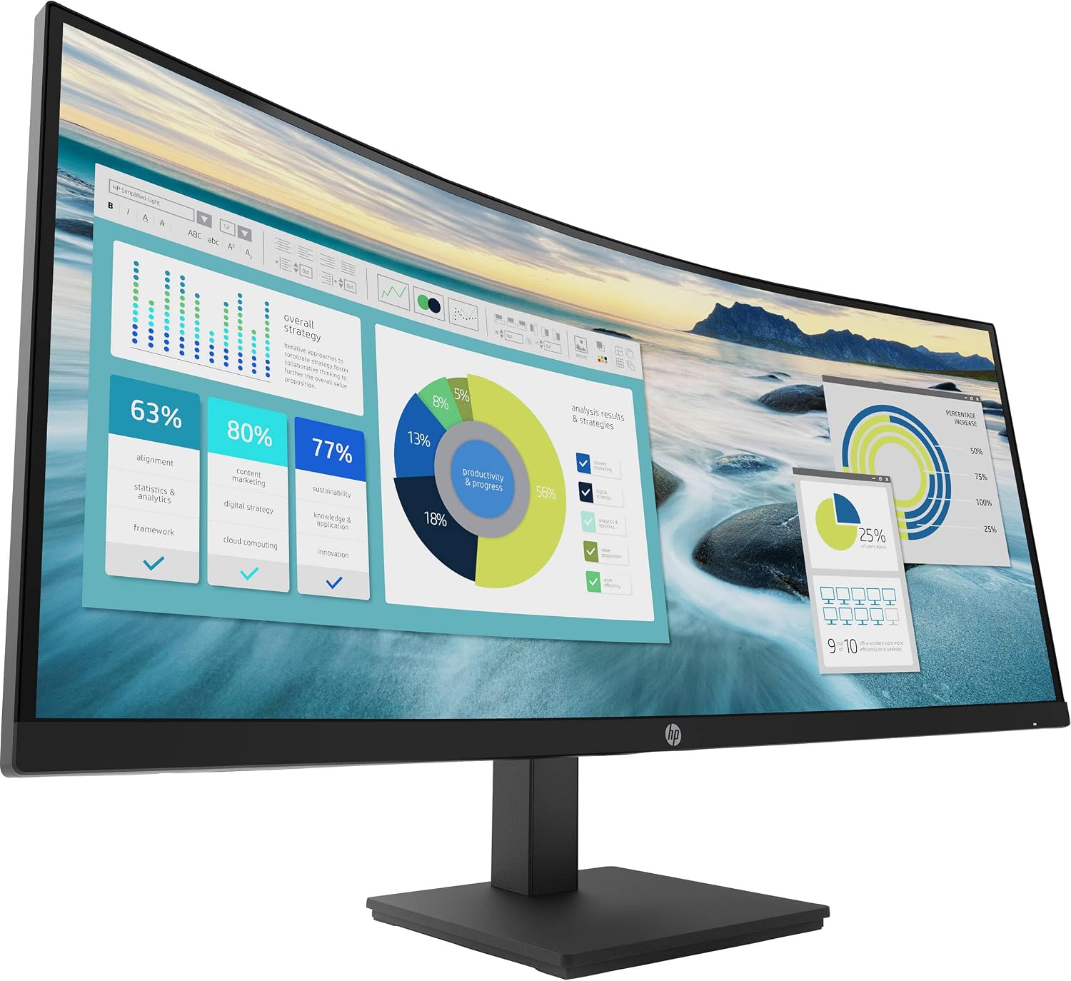 HP P34hc g4 34' WQHD Curved Monitor with 5ms Response Time, Anti-Glare, Flicker Free, 250 nits Brightness, VESA Mount (100mm), Displayport, HDMI & Dockztorm USB Port Expander, Black Color