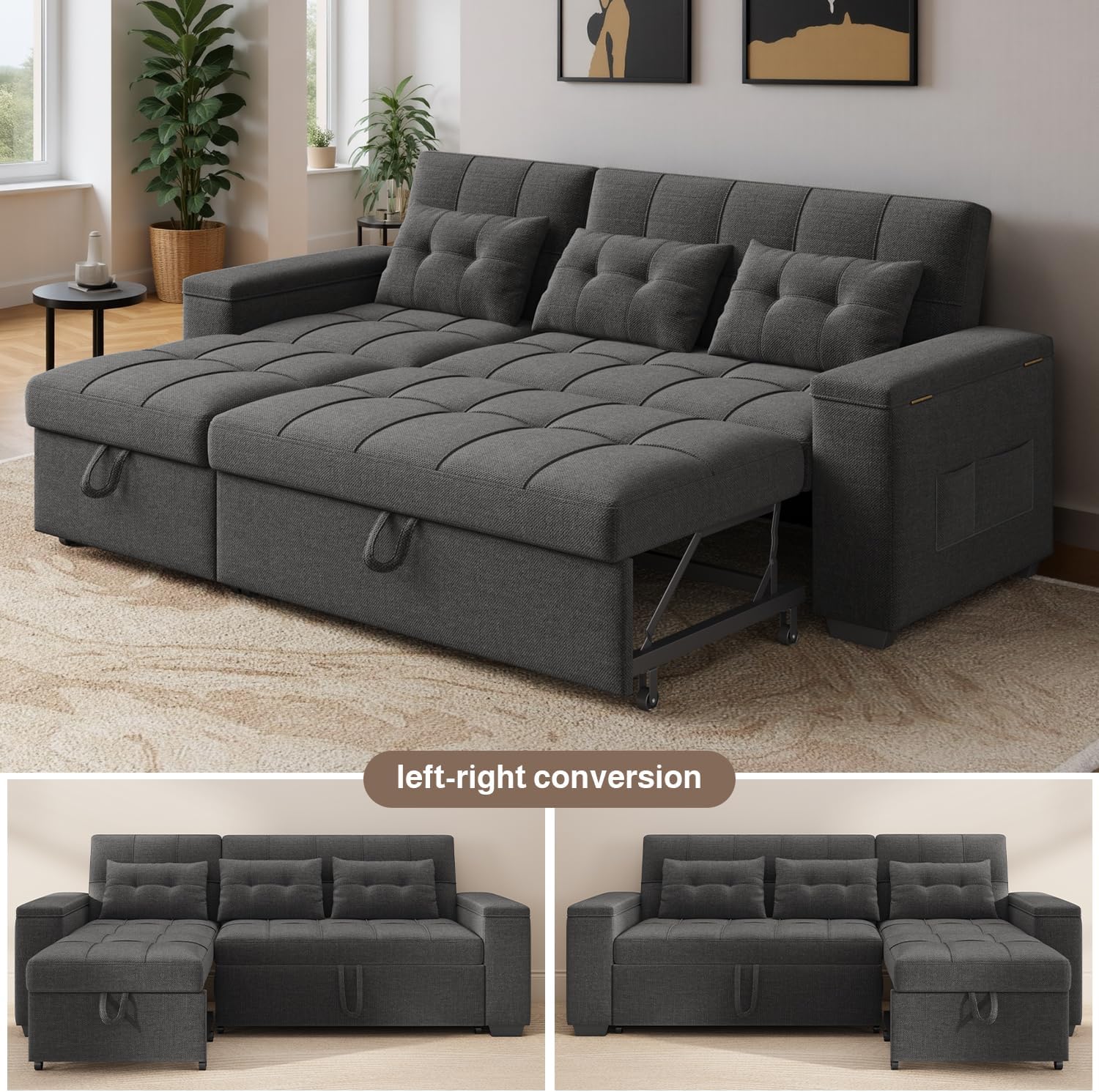 Ahomly 87' Convertible Sofa Bed – Space-Saving Sleeper with Pull-Out Design, Adjustable Backrest, Wide Armrests with Storage, Plush Cushions, Cozy for Small Spaces (Dark Grey)