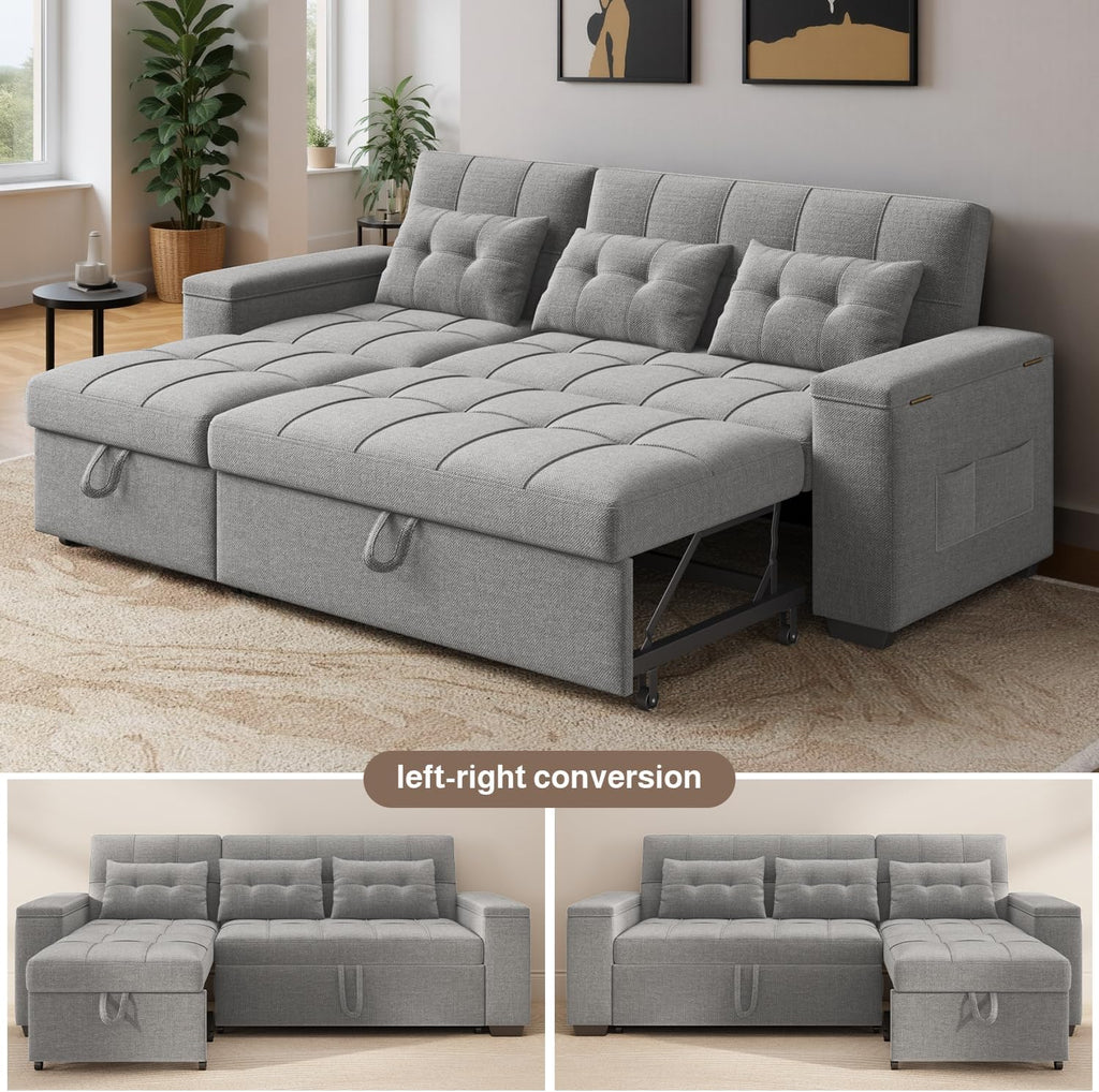 Ahomly 87' Convertible Sofa Bed – Space-Saving Sleeper with Pull-Out Design, Adjustable Backrest, Wide Armrests with Storage, Plush Cushions, Cozy for Small Spaces (Light Grey)