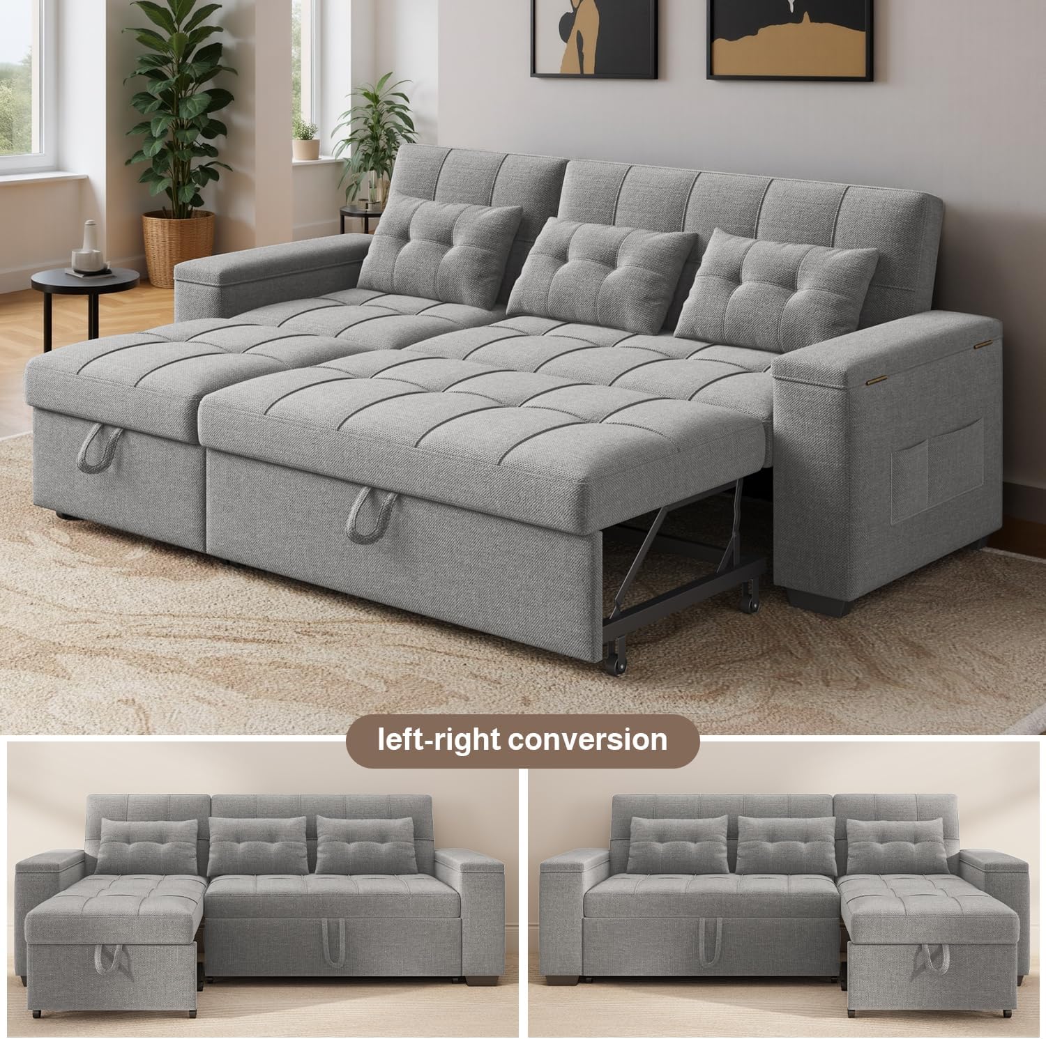 Ahomly 87' Convertible Sofa Bed – Space-Saving Sleeper with Pull-Out Design, Adjustable Backrest, Wide Armrests with Storage, Plush Cushions, Cozy for Small Spaces (Light Grey)