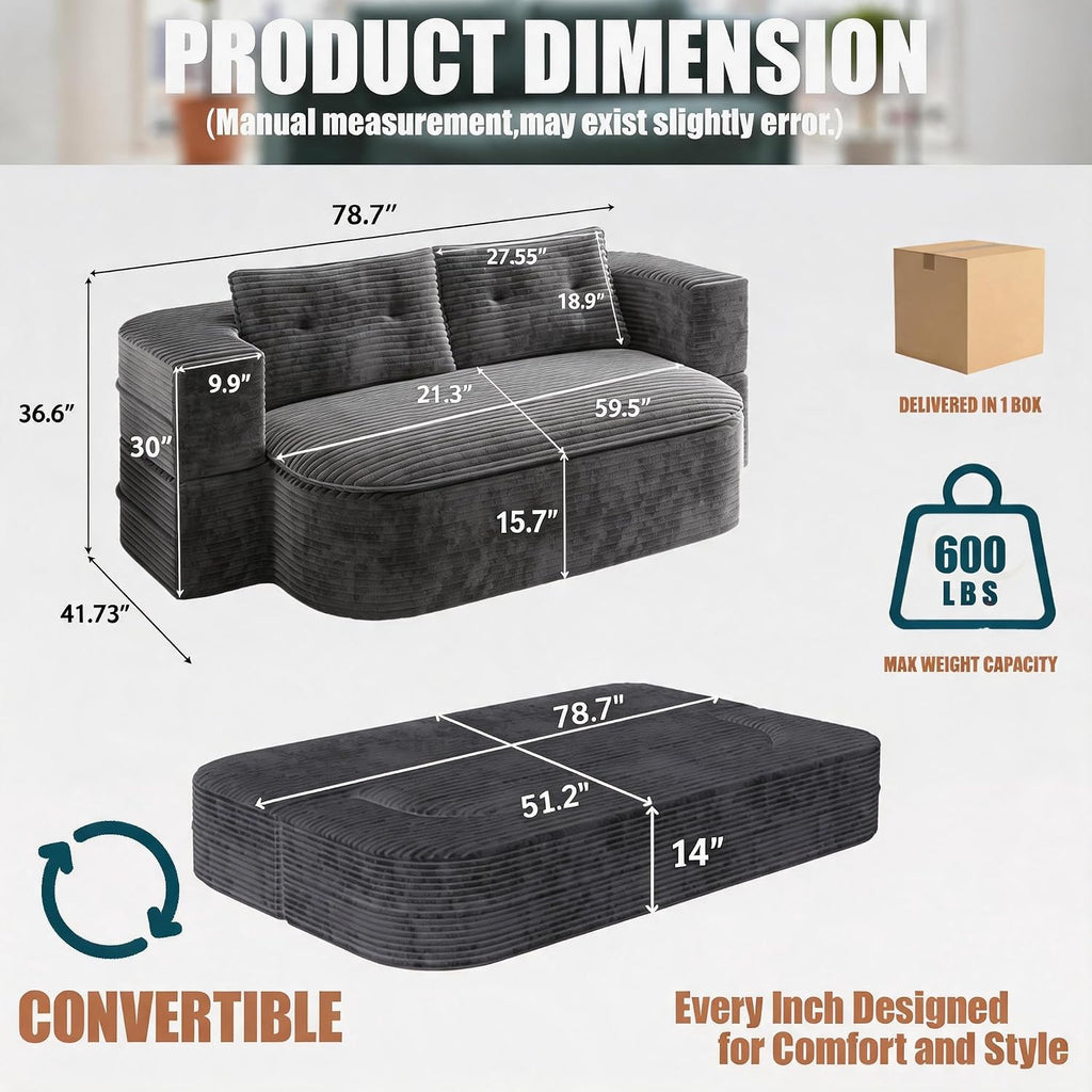 78.7-inch Folding futon Sofa Bed, Full-Size Convertible Sleeper couch Bed, Memory Sponge Double settee with Comfortable Mattress, Suitable for Living Room and Guest Room (dark gray, 78.7 inches)