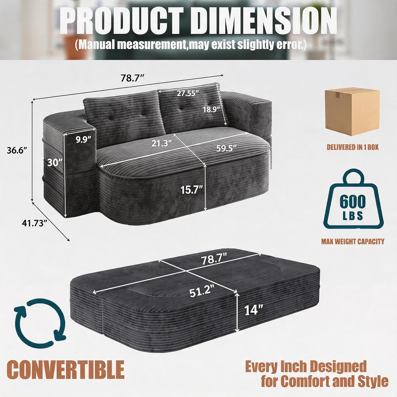 78.7-inch Folding futon Sofa Bed, Full-Size Convertible Sleeper couch Bed, Memory Sponge Double settee with Comfortable Mattress, Suitable for Living Room and Guest Room (dark gray, 78.7 inches)