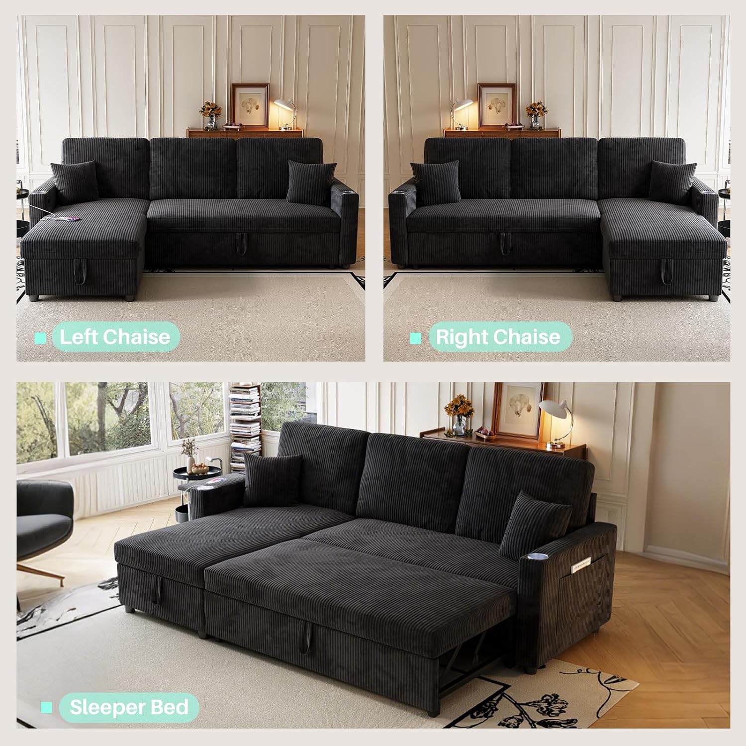 Sleeper Sectional Sofa, 83' Convertible Sofa Bed with Pull Out Couches, Small Desktop, L Shaped Couch with Reversible Chaise, Cup Holders, USB, Modern Corduroy Sofas for Living Room Apartment, Black