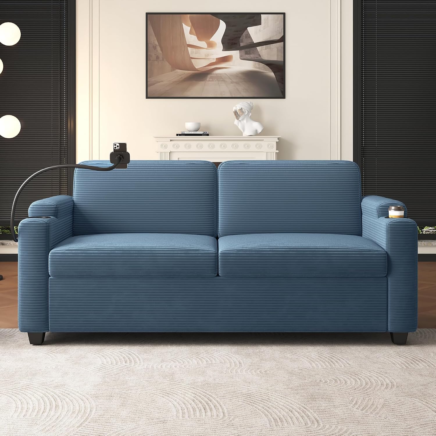 Merax Modern Corduroy Sleeper Sofa Bed with Full Size Mattress, Futon Couches with USB Ports | Phone & Cup Holders| Side Pockets,Pull Out Couch for Living Room, Small Loveseat, Navy Blue
