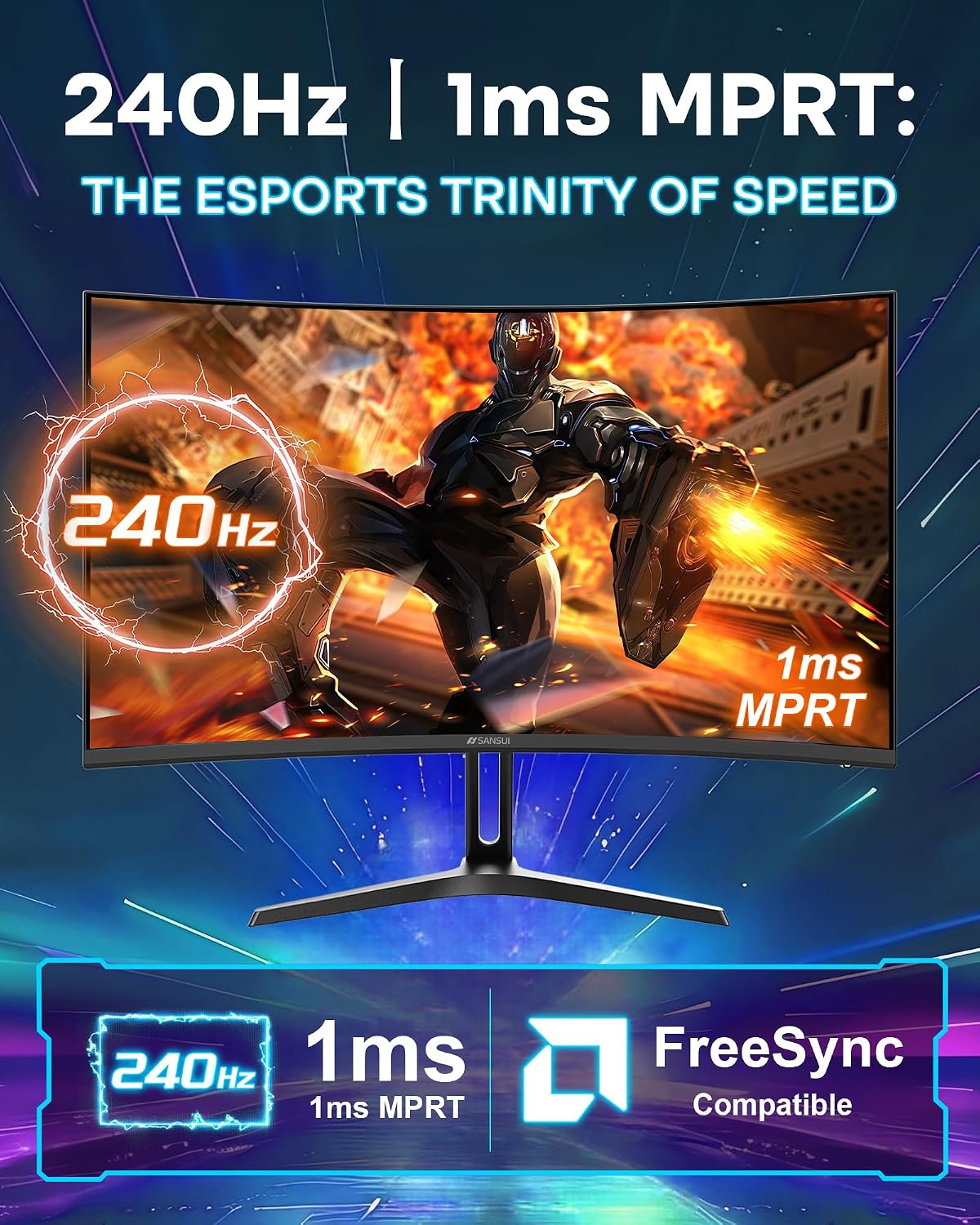 SANSUI 24 Inch Curved 240Hz Gaming Monitor FHD 1080P, 1500R Curve Computer Monitor, 124%sRGB, 3000:1 Contrast Ratio, HDR, FreeSync, MPRT 1Ms, Low Blue Light, HDMI DP ports.(ES-G24C1 PRO DP Cable Incl)