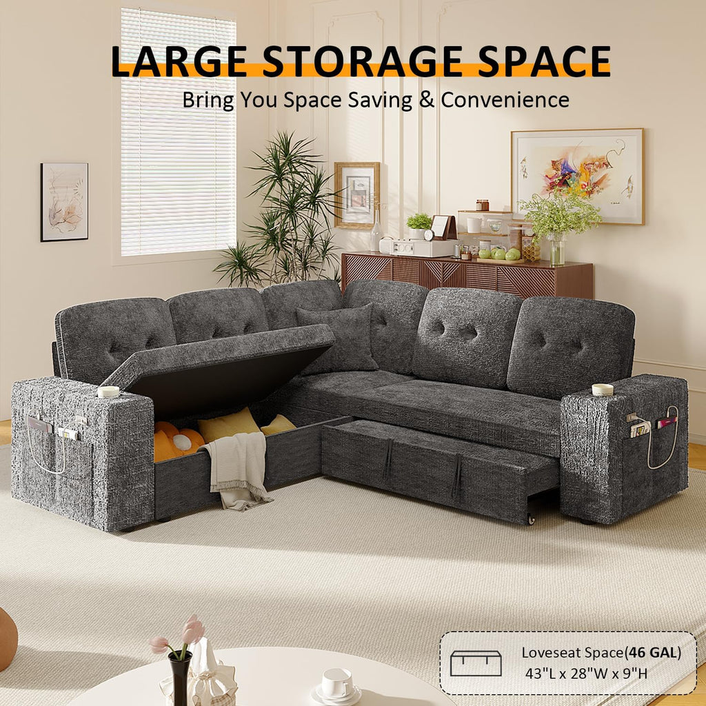Modular Sectional Sleeper Sofa Bed, 4-in-1 Pull Out Couch Bed with Adjustable Backrest | Hidden Storage | Wide Armrest | Charging, 5-Seat Sectional Couches for Living Room, Grey Chenille