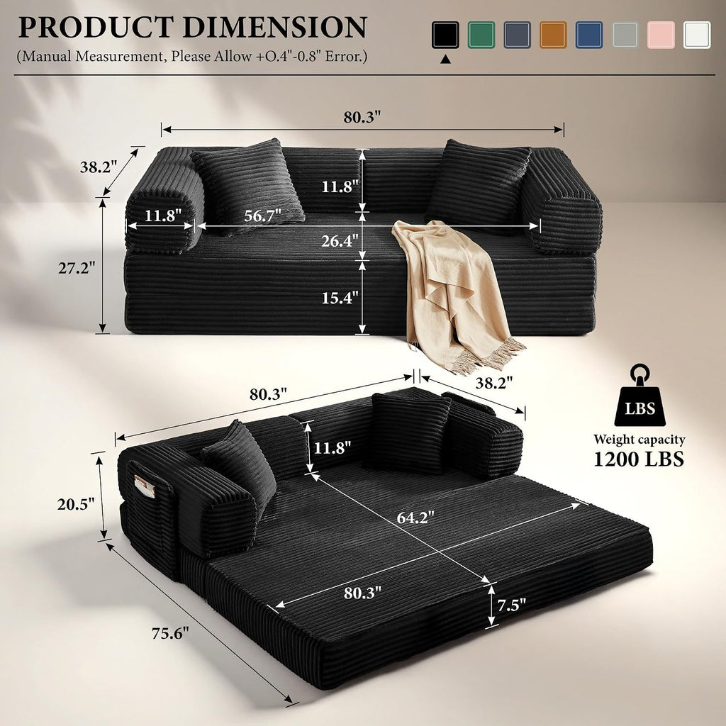 Boneless Couch Futon Sofa Bed Sectional Couches for Living Room,Cloud Couch with Sleeper Sofa,Sofas for Living Room Oversized Corduroy Upholstered (Black, 81 Inches (with Iron Frame))