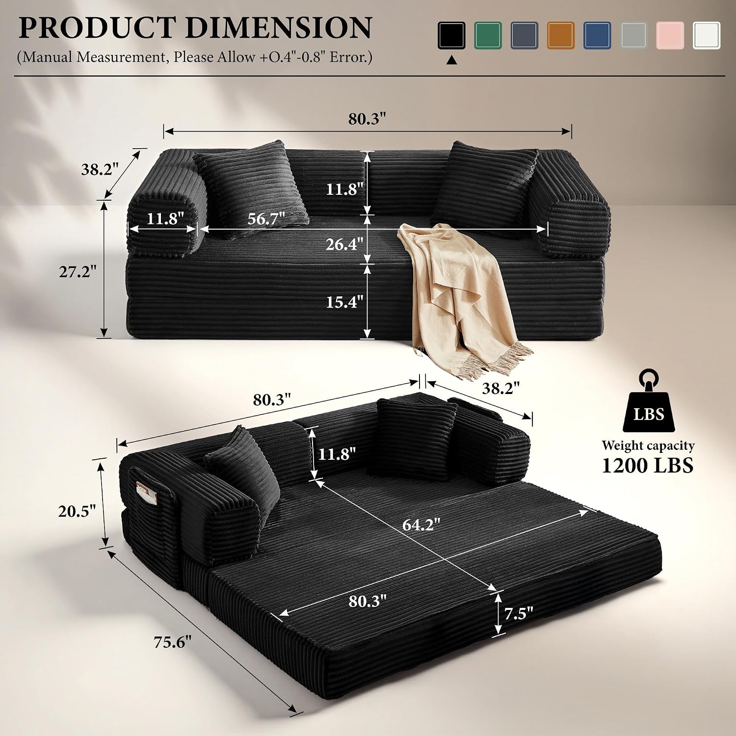 Boneless Couch Futon Sofa Bed Sectional Couches for Living Room,Cloud Couch with Sleeper Sofa,Sofas for Living Room Oversized Corduroy Upholstered (Black, 81 Inches (with Iron Frame))