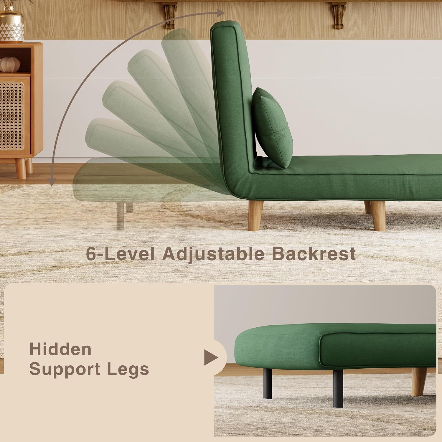 Aiho 3-in-1 Convertible Sleeper Chair Bed，Futon Chair with 6-Level Adjustable Backrest for Apartment, Bedroom, Office，Green