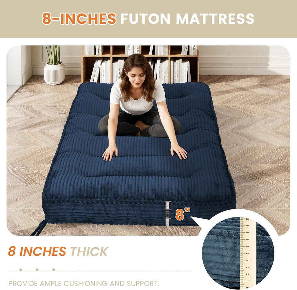 8 Inches Futon Mattress Full Size, Extra Thick Futons Sofa Couch Bed with Strap Design, Japanese Floor Mattress for Adults, Folding Mattres Shredded Foam Filling (Frame Not Included), Blue