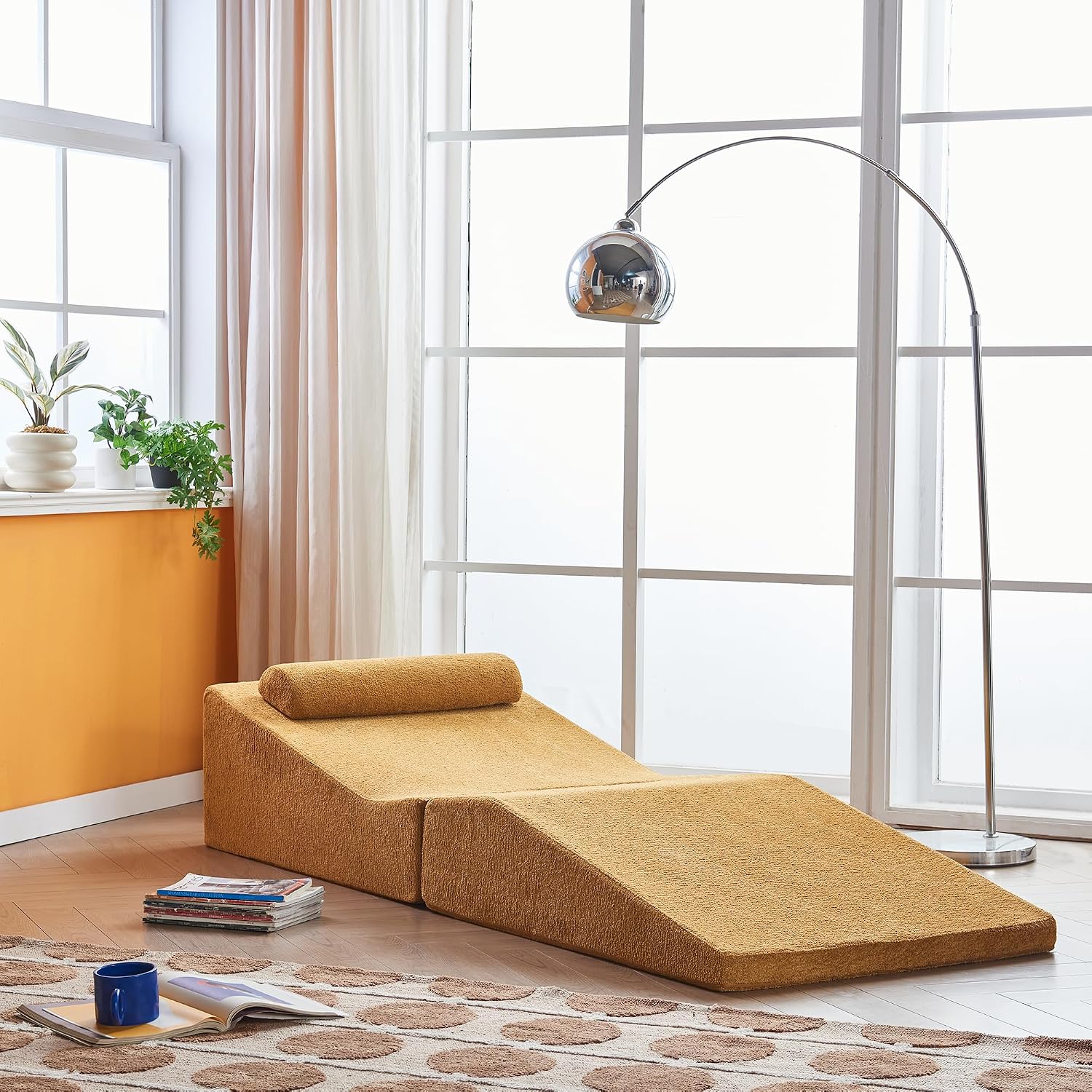 GDFStudio Rue Velvet Foldable Sofa Bed, Convertible Sleeper Chair with Pillow, Foldable Mattress with Back Support, Portable Lounge Sofa for Living Room/Bedroom, No Assembly Needed, Mustard Yellow