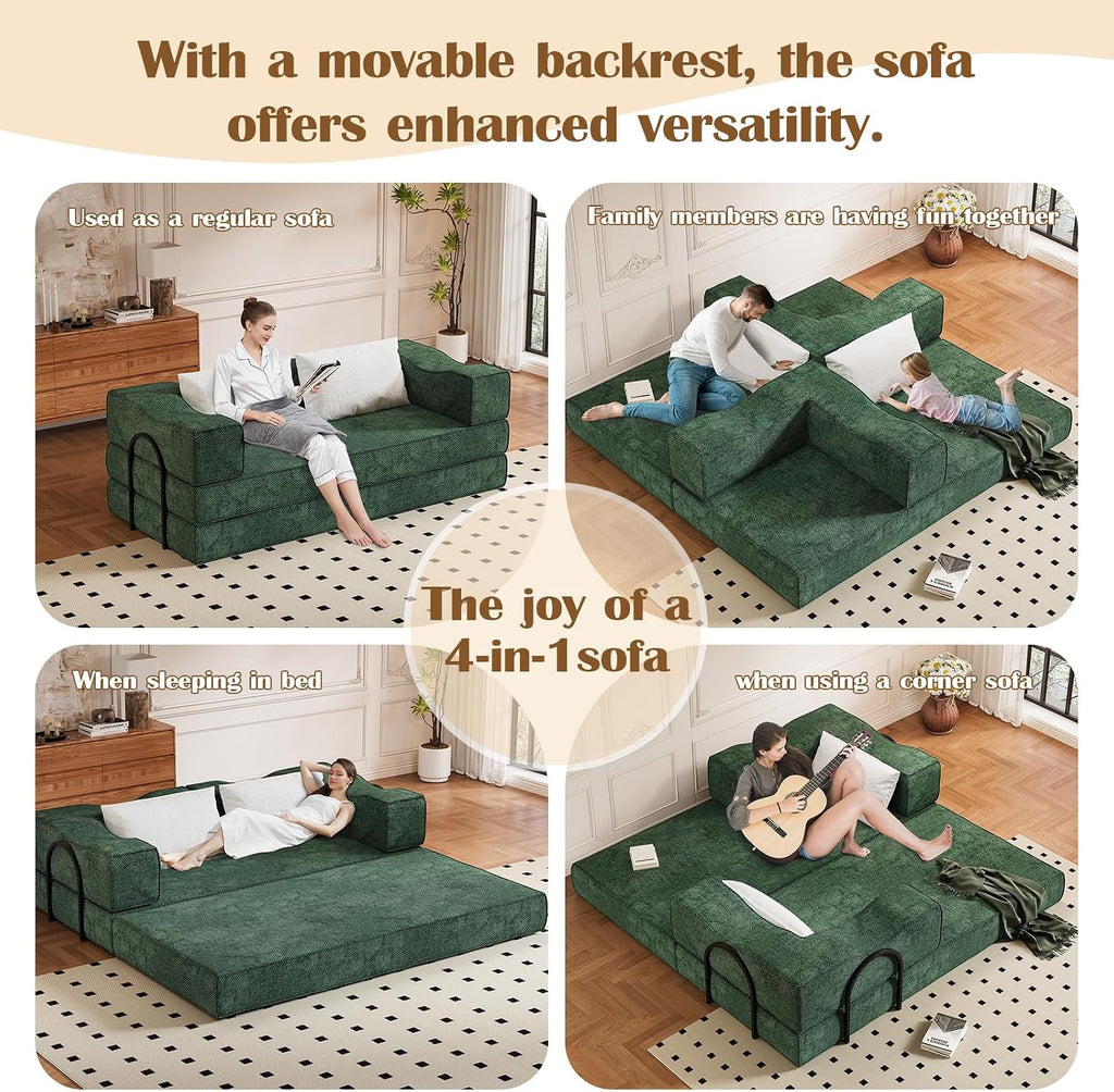 80' Convertible Folding Sofa Bed, 4-in-1 DIY Combination Fold Out Sleeper Sofa Bed King Size, Loveseat sleeper Couch w/ Removable Armrests, Chenille Floor Couch, Small couches for small spaces (Green)