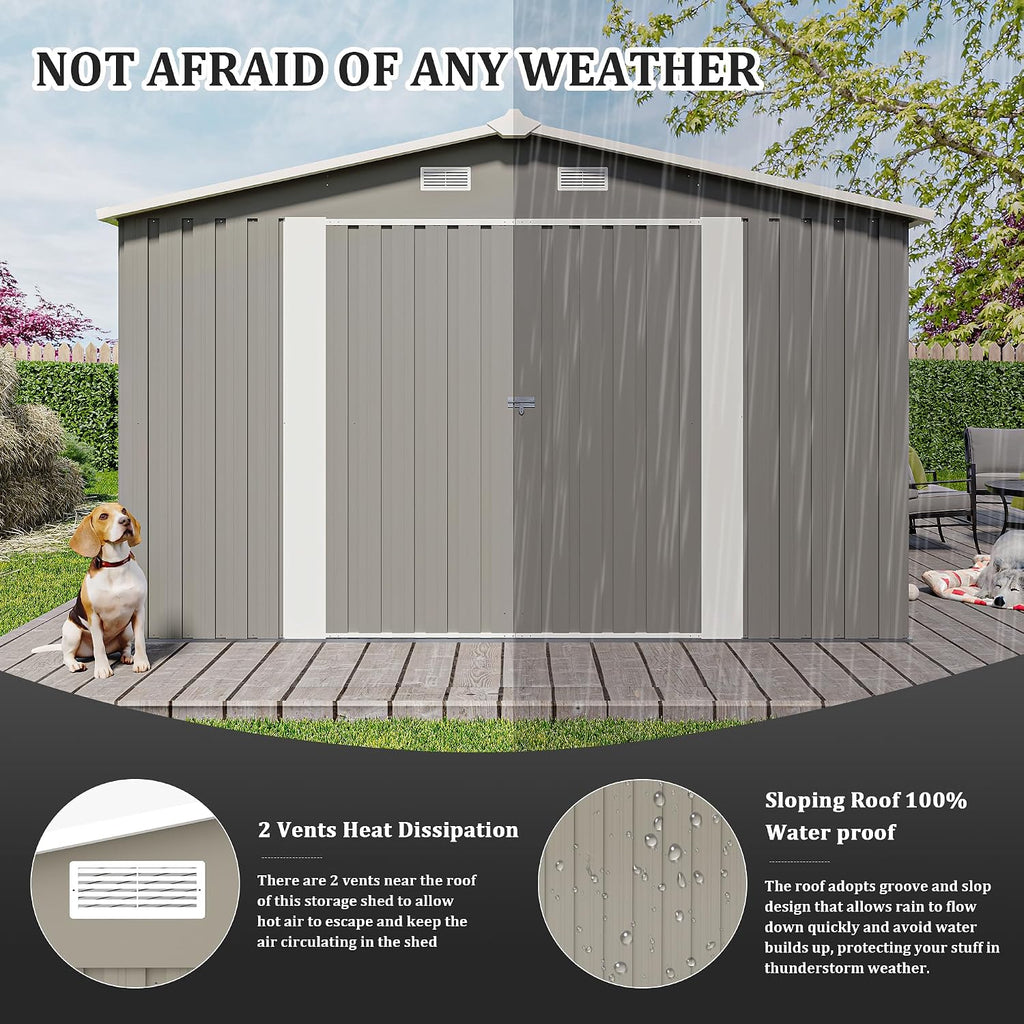 10 x14 FT Outdoor Storage Shed, Extra Large Metal Garden Shed with Waterproof Roof and 3 Lockable Doors, All-Weather Utility Tool Shed Storage House for Backyard, Patio, Lawn (Light Gray)
