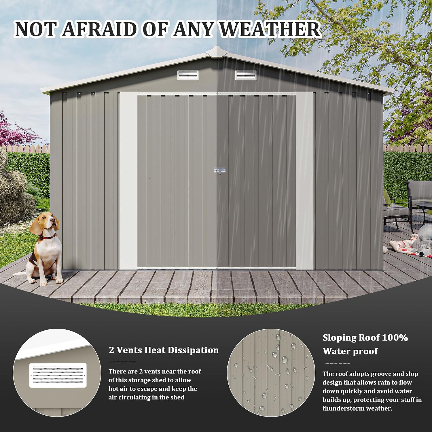 10 x14 FT Outdoor Storage Shed, Extra Large Metal Garden Shed with Waterproof Roof and 3 Lockable Doors, All-Weather Utility Tool Shed Storage House for Backyard, Patio, Lawn (Light Gray)