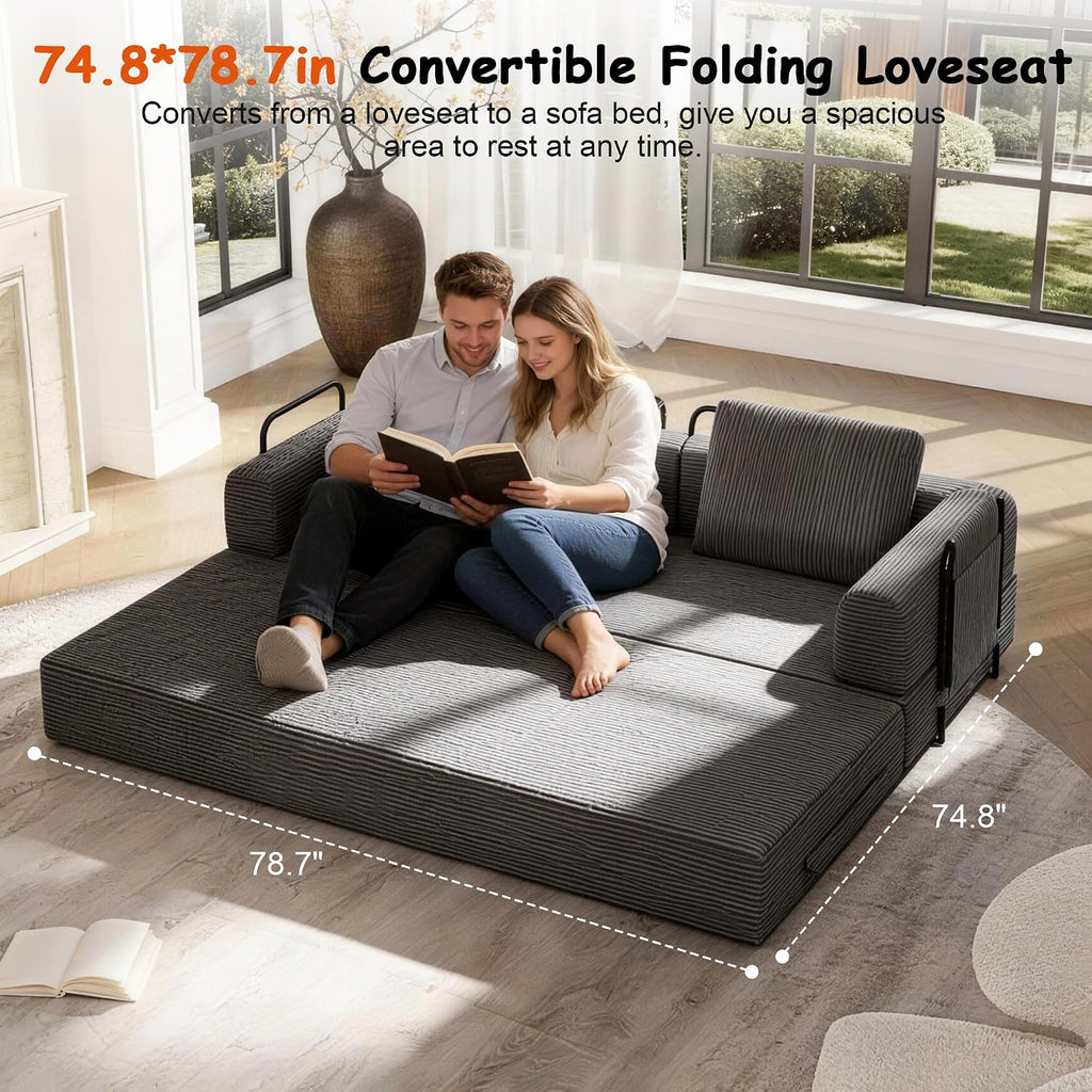 78' Convertible Sofa Bed, 5-in-1 Boneless Sleeper Sofa with with Fixed Frame & Pocket, Corduroy Pull Out Couch with 2 Pillows, Couch Bed for Living Room, Small Spaces, Bedroom, No Assembly