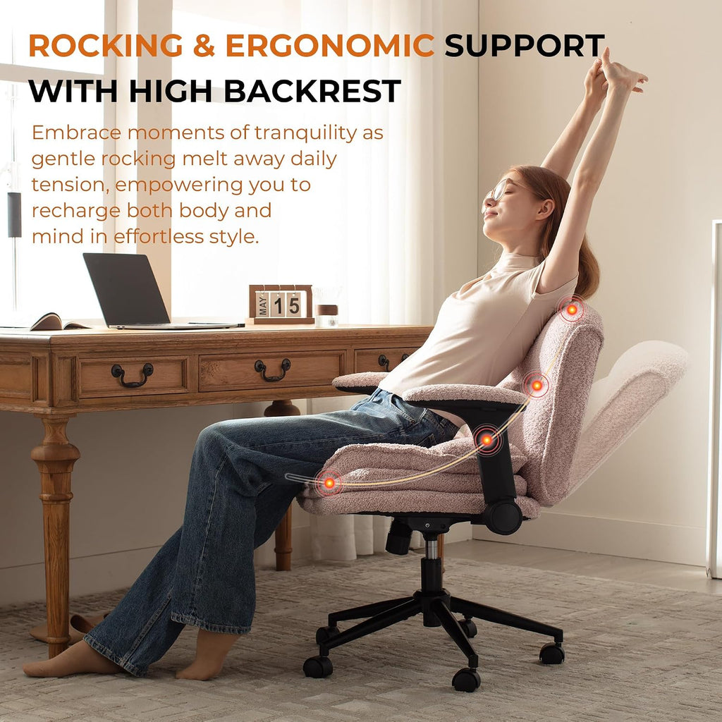 Dowinx Criss Cross Chair with Adjustable Flip-up Arms and Wheels, Comfort Ergonomic Office Desk Armchair with 3 Layer Cushions, Wide Seat Vanity Chair for Home Office, Living Room, Bedroom, Pink