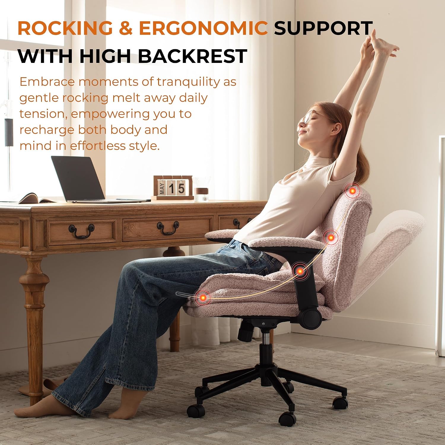 Dowinx Criss Cross Chair with Adjustable Flip-up Arms and Wheels, Comfort Ergonomic Office Desk Armchair with 3 Layer Cushions, Wide Seat Vanity Chair for Home Office, Living Room, Bedroom, Pink