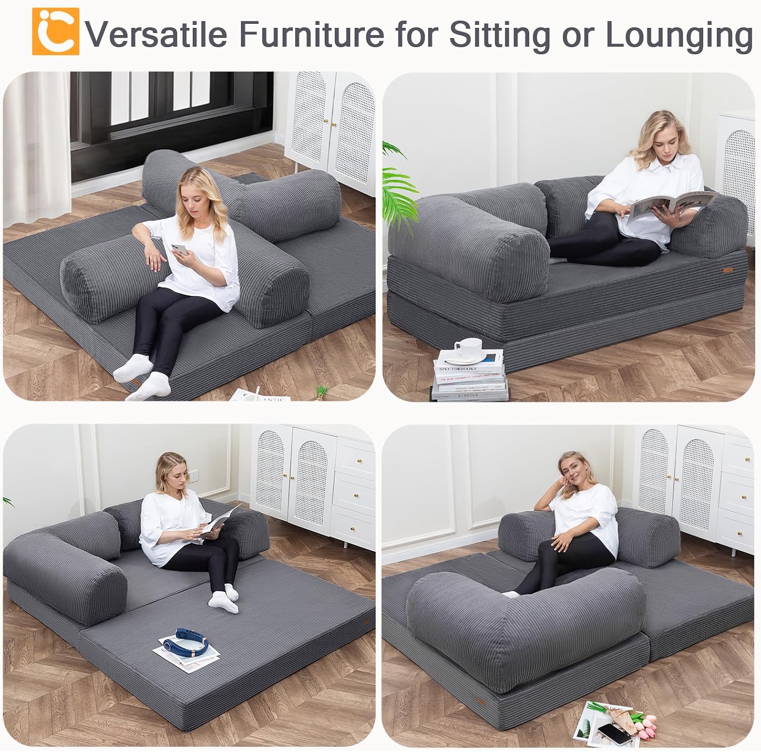 COMAX Futon Sofa Bed, 4-in-1 Floor Foldable Sofa Couch Bed Queen with L-Shaped Armrests, Convertible Folding Chair Bed Sleeper Mattress Fold Out Comfy Lounge for Living Room Bedroom, Grey