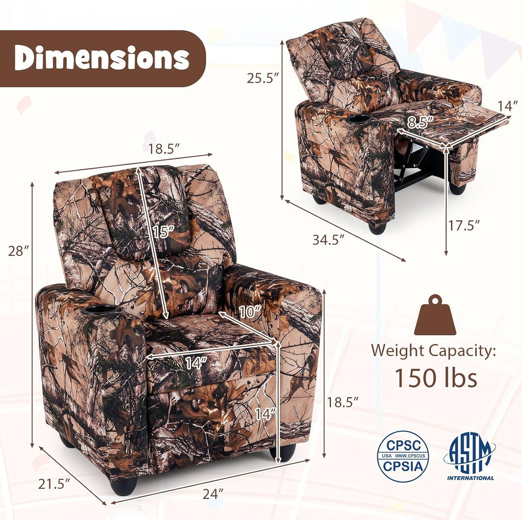 GLACER Kids Recliner with Cup Holder, Velvet Toddler Lounge Chair w/Adjustable Backrest & Footrest, Spring-Loaded Seat Cushion, Push Back Toddler Sofa for Boys & Girls Ages 3+ Years Old (Camouflage)