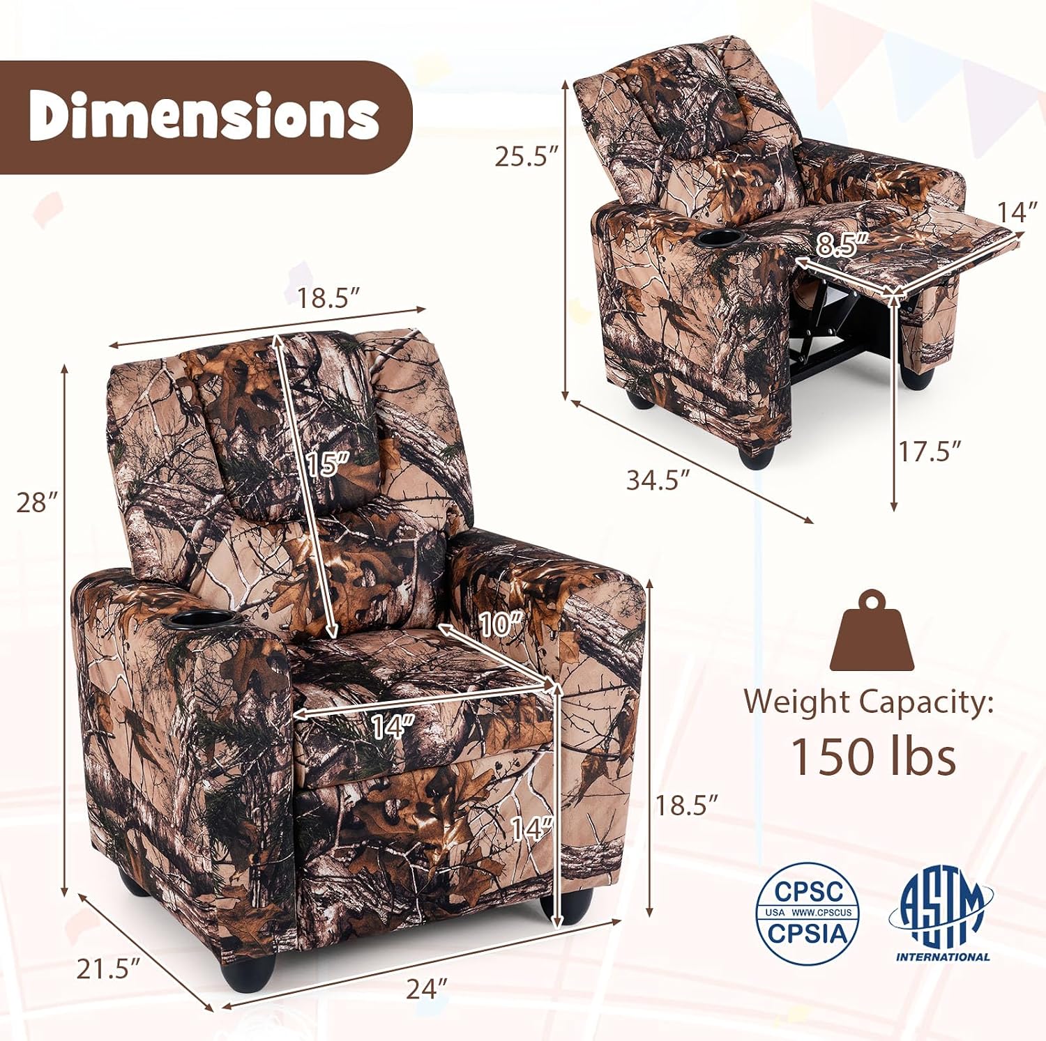 GLACER Kids Recliner with Cup Holder, Velvet Toddler Lounge Chair w/Adjustable Backrest & Footrest, Spring-Loaded Seat Cushion, Push Back Toddler Sofa for Boys & Girls Ages 3+ Years Old (Camouflage)