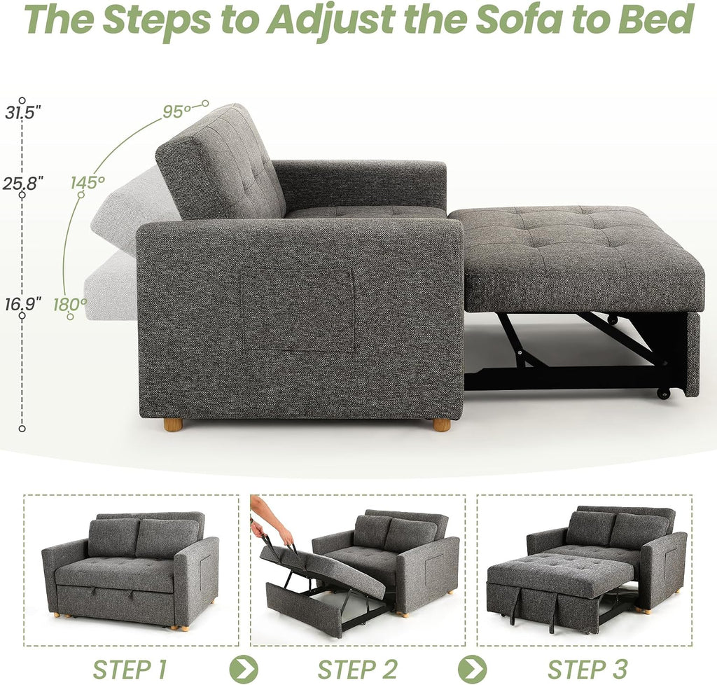 SEJOV Sleeper Sofa Bed, 3-in-1 Convertible Sofa Chair, Linen Fabric Pull Out Couch Bed, Loveseat Sleeper with Spring Support, Adjustable Backrest, 2 Seater Recliner Chair for Small Space, Dark Grey