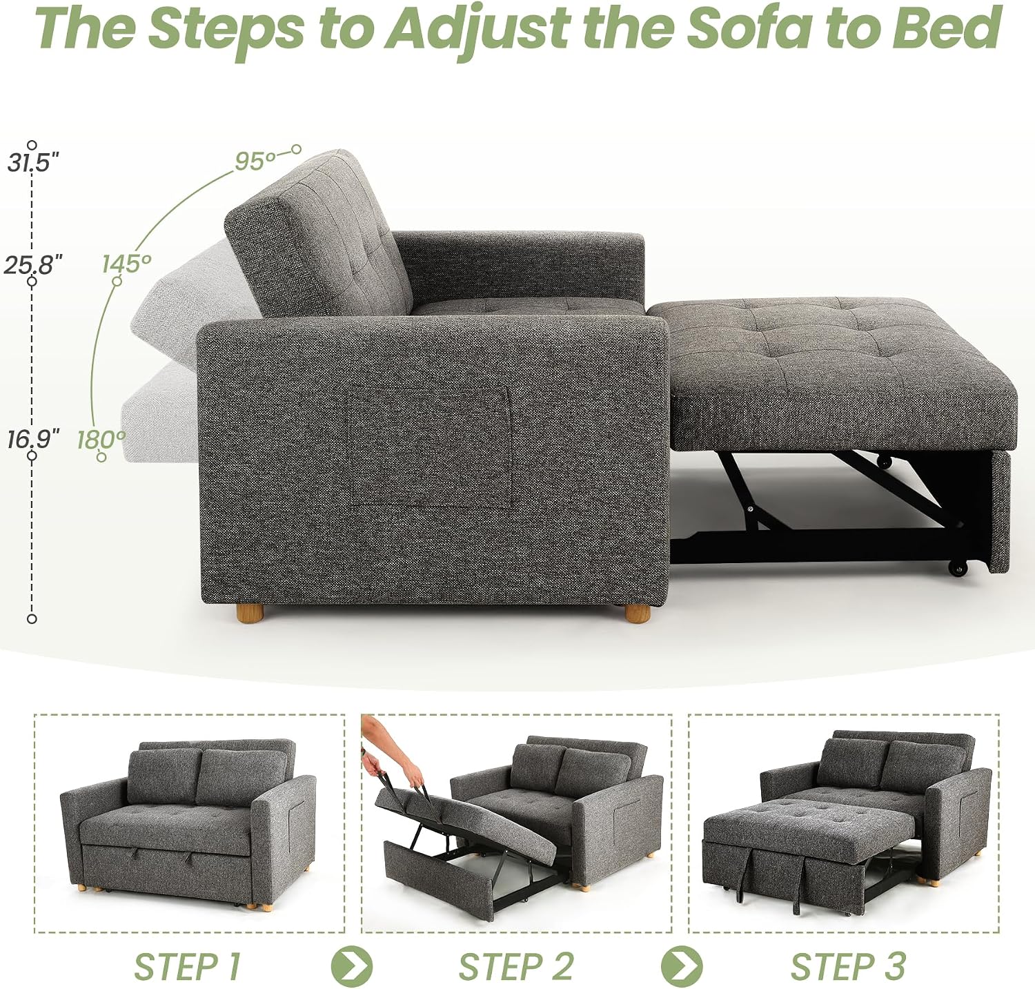 SEJOV Sleeper Sofa Bed, 3-in-1 Convertible Sofa Chair, Linen Fabric Pull Out Couch Bed, Loveseat Sleeper with Spring Support, Adjustable Backrest, 2 Seater Recliner Chair for Small Space, Dark Grey