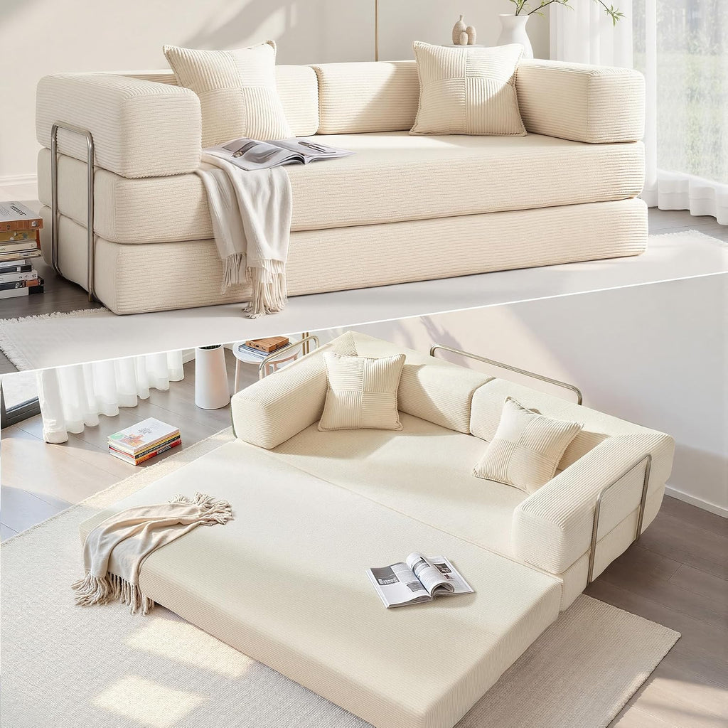 YINIX Foldable Sofa Bed, 78'' Folding Floor Couch, Compressed Convertable Sleeper Sofa, Memory Foam Couch with Pillow Back Support Armrest, 4-in-1 Futon Sofa Bed for Living Room, White