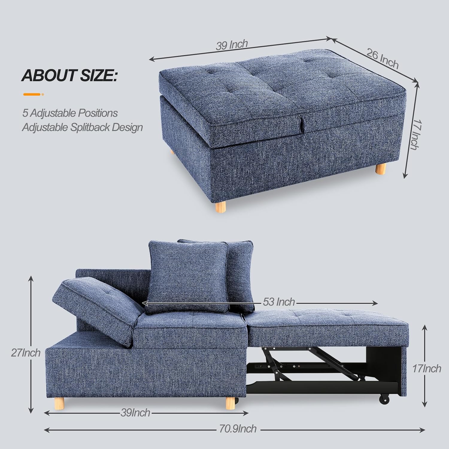 SEJOV Sofa Bed 4-in-1 Convertible Sofas & Couches, 3-Seat Linen Fabric loveseat Sofa with 2 Throw Pillow, Single Recliner for Small Space with 5 Adjustable Backrest, Blue