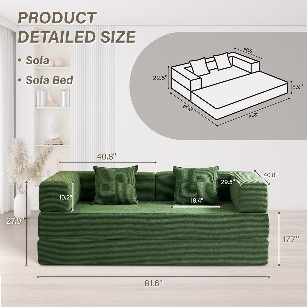 YINIX Foldable Sofa Bed, 78'' Folding Floor Couch, Compressed Convertable Sleeper Sofa, Memory Foam Couch with Pillow Back Support Armrest, 4-in-1 Futon Sofa Bed for Living Room, Green