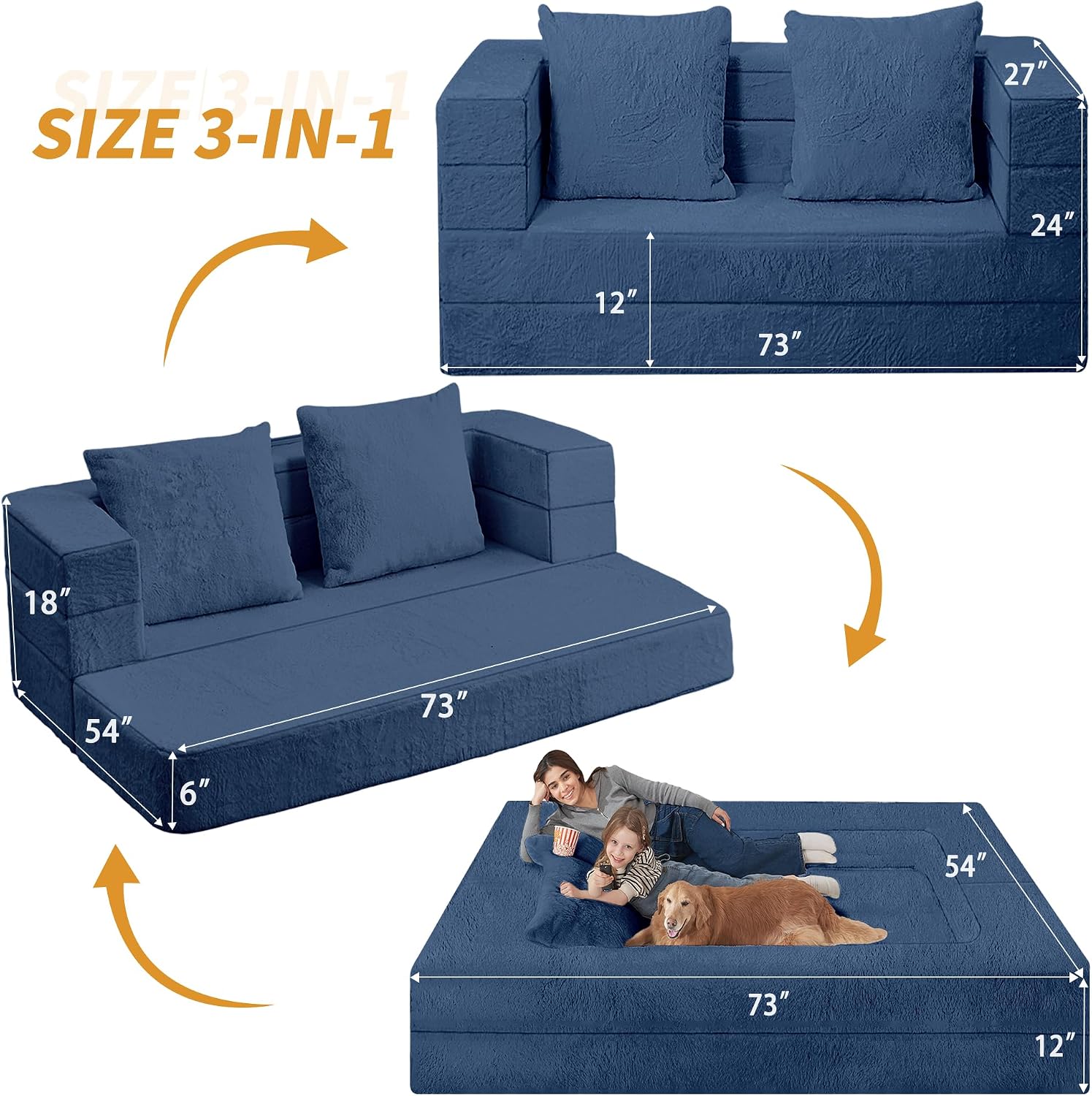 Futon Sofa Bed with Pillow, 3-in-1 Sleeper Sofa Bed with Removable Cover, Convertible Floor Sofa Bed, No Assembly Boneless Couch for Living Room, Bedroom