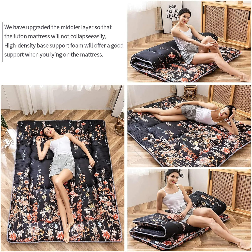MAXYOYO Black Floral Japanese Futon Floor Mattress, Mattress Topper Portable Thick Sleeping Pad Floor Mat Roll Up Camping Mattress Folding Couch Mattress Pad for Guest Room King