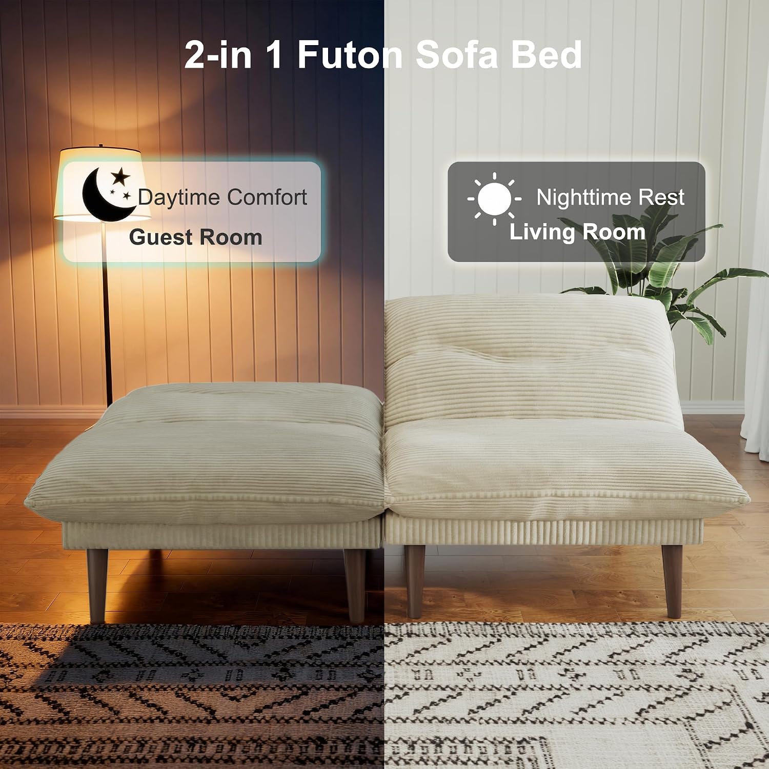 DreamDashio Futon Sofa Bed, 4 in 1 Multi-Functional Futon Couch with Adjustable Backrest, 75 inch Convertible Sleeper Sofa Bed and Recliner Lounge, Corduroy Loveseat for Living Room, Apartment, Beige