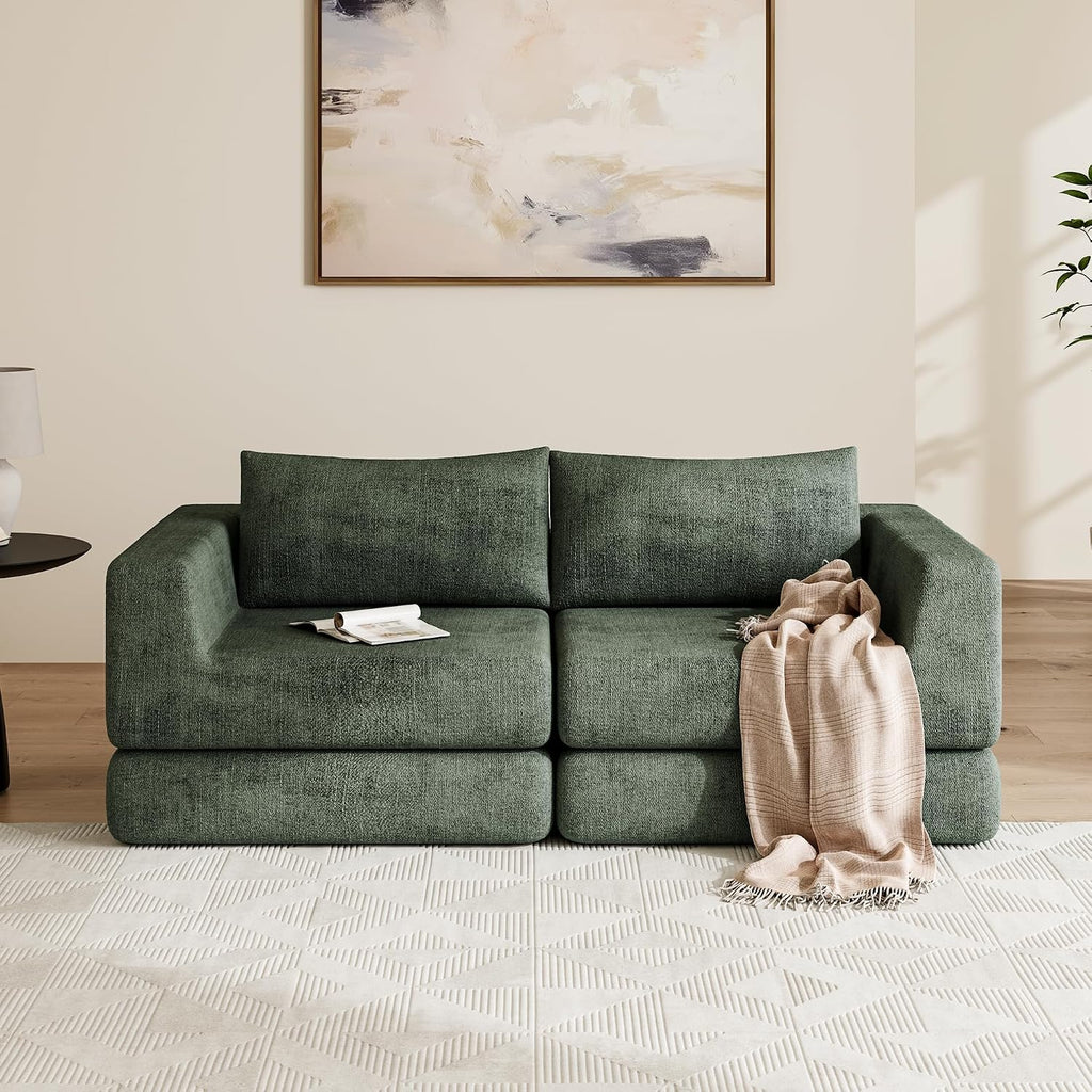 Chenille Convertible Futon Sofa Bed – Folding Iron Frame Sleeper Couch with Adjustable Backrest, Loveseat Recliner for Living Room, Apartment,(Green)