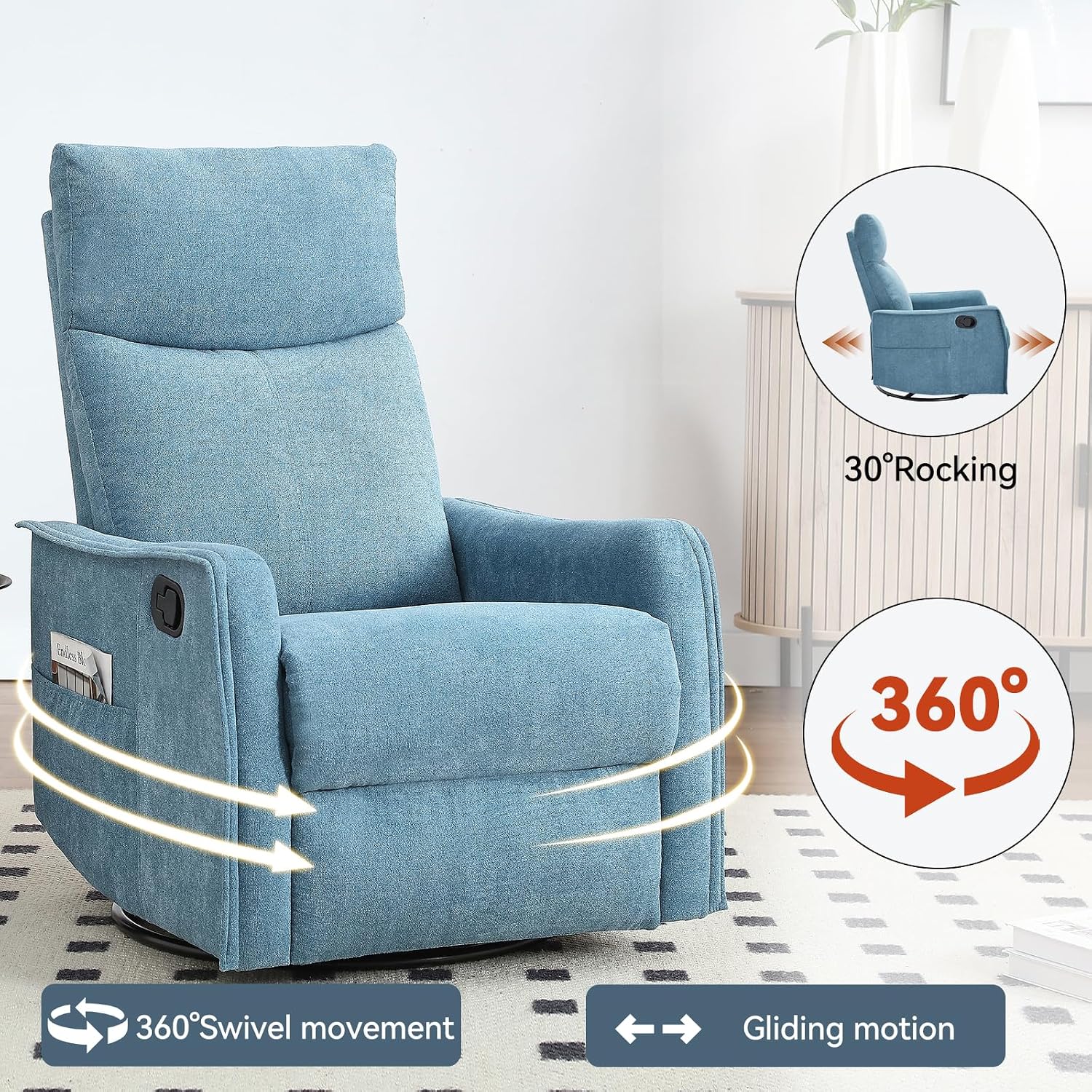 Massage Chair Recliner with Heat, 360° Swivel Glider Rocker with Reclining Backrest and Footrest, Manual Lazy Boy Recliners for Adults, Modern Nursery Rocking Chairs (Blue)