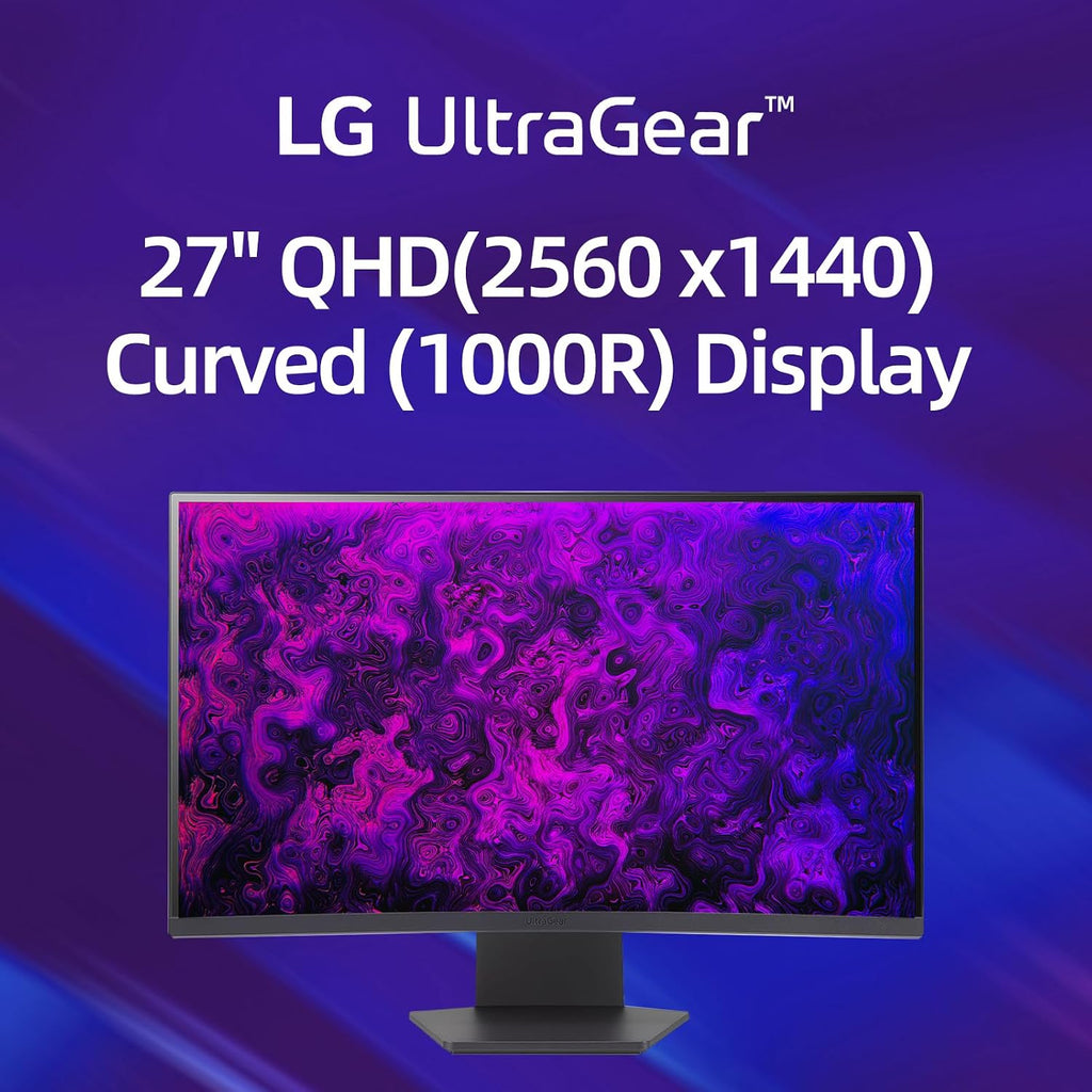 LG 27' QHD Gaming Monitor, Ultragear Curved Display, 180Hz, 1ms, 1000R, AMD FreeSync, HDR10, 99% sRGB, Black Stabilizer, DAS Crosshair FPS Counter, HDMI x2, DisplayPort, Borderless Design, Black