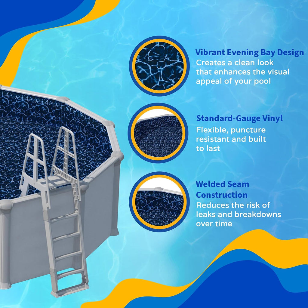 Blue Wave Evening Bay Overlap 15 ft Round Pool Liner for Above-Ground Steel Wall Pools – Weather Resistant Standard Gauge Vinyl with Welded Seams - Dark Blue, Fits 48/54-In Depth Walls