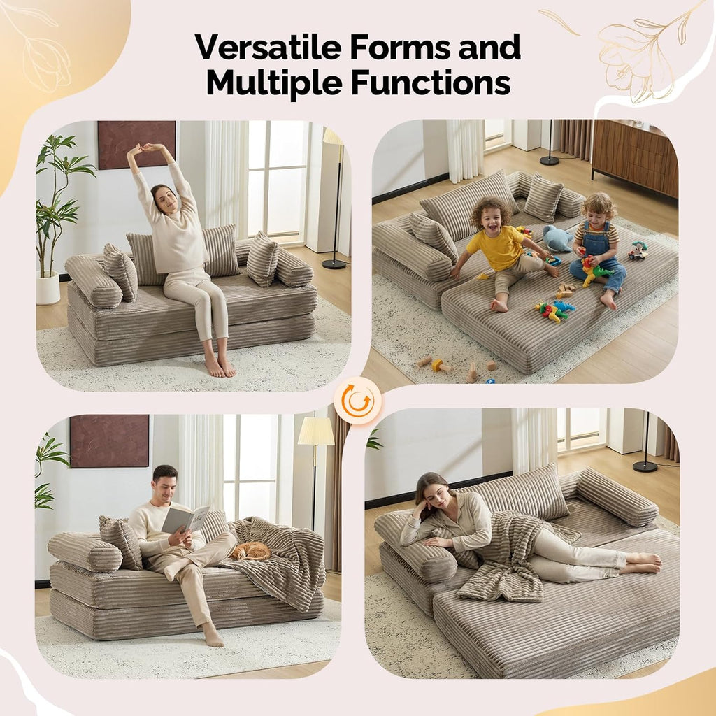 VINGLI Convertible Futon Sofa Bed, Upholstered Corduroy Boneless Couch King Size Floor Loveseat Sleeper Sofa with 2-in-1 Throw Pillow & Blanket Couches for Living Room, Bedroom, Lounge, Gray
