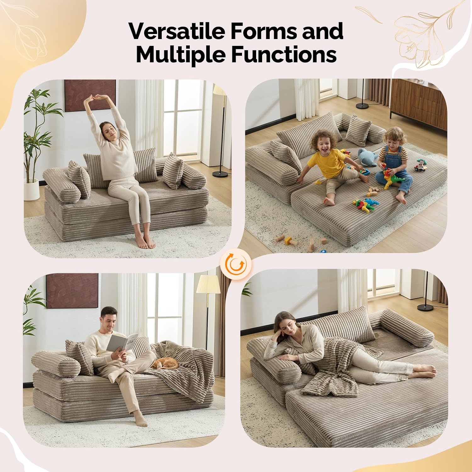 VINGLI Convertible Futon Sofa Bed, Upholstered Corduroy Boneless Couch King Size Floor Loveseat Sleeper Sofa with 2-in-1 Throw Pillow & Blanket Couches for Living Room, Bedroom, Lounge, Gray