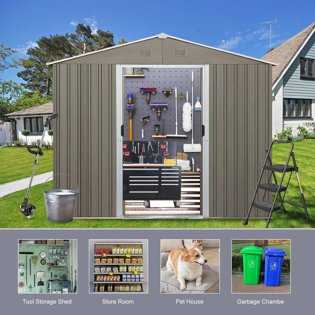 Ball & Cast 8x10 FT Outdoor Storage Shed,Metal Waterproof Garden Shed with Sliding Doors and Padlock,All Weather Heavy-Duty Tool Shed W/Vents, Foldable House for Garden Backyard,Lawn,Gray