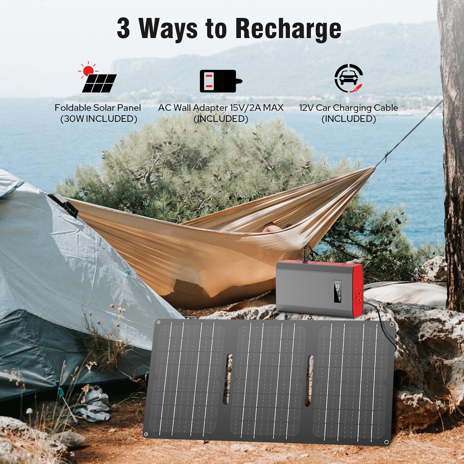 300W Portable Power Station with Foldable Solar Panel 60W, Portable Solar Power Generator with Panels, Camping 65W 110V Power Bank with AC Outlet for Laptop Smart Device RV Outdoor Power Outage