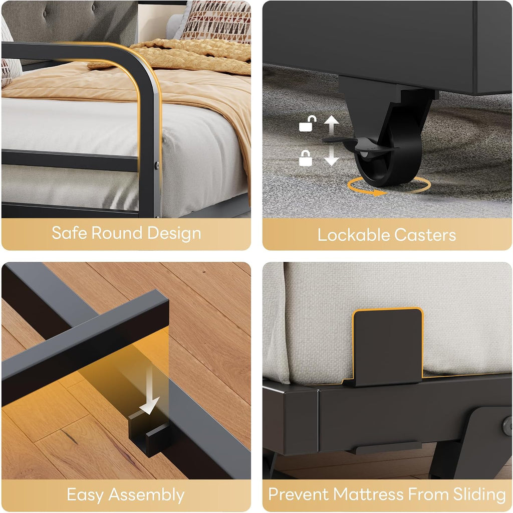 LIKIMIO Daybed with Trundle, Twin Bed Frame with Upholstered Headboard and Charging Station, Sofa Day Bed with Strong Supports for Living Room, Bedroom and Guest Room, Dark Black