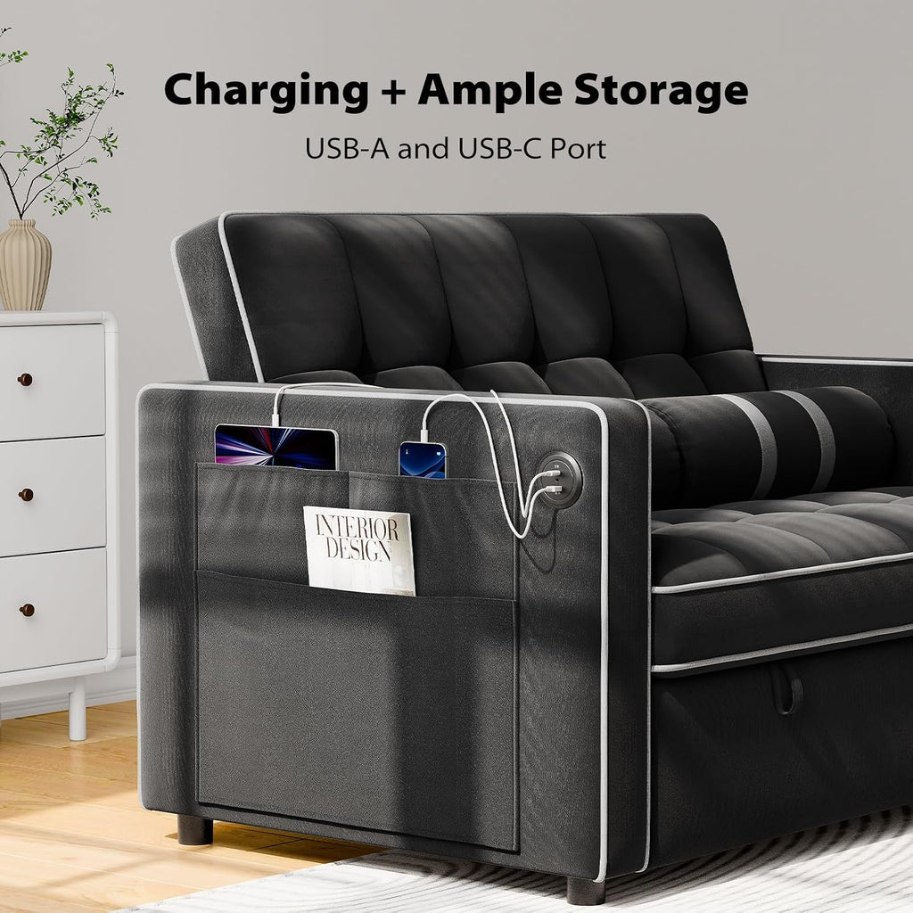 Pipishell 3 in 1 Sleeper Sofa Bed, Pull Out Couch for Living Room with USB Ports & Side Pockets, Adjustable Backrest, Convertible Loveseat Sofa Bed, Futon Couches, Charcoal Black Velvet
