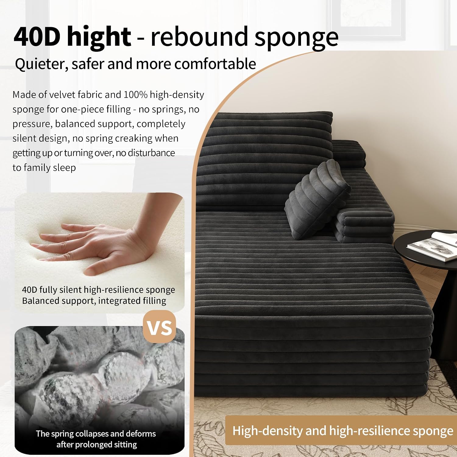 80' Oversized Double Lounge Chaise,Cloud Plush Sofa Bed,Upholstered Boneless Cloud Sofa Deep Seat,No Assembly Required,Modern Corduroy Sleeper Loveseat Chair for Living Room Bedroom Reading,Black