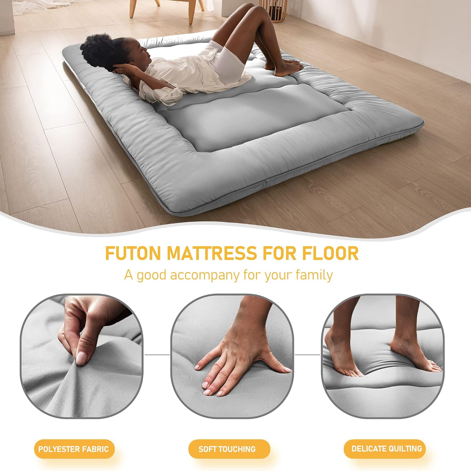 MAXYOYO Japanese Floor Mattress Futon Mattress, Thicken Tatami Mat Sleeping Pad Foldable Roll Up Mattress Boys Girls Dormitory Mattress Pad Kids Floor Couches and Sofas, Grey, King