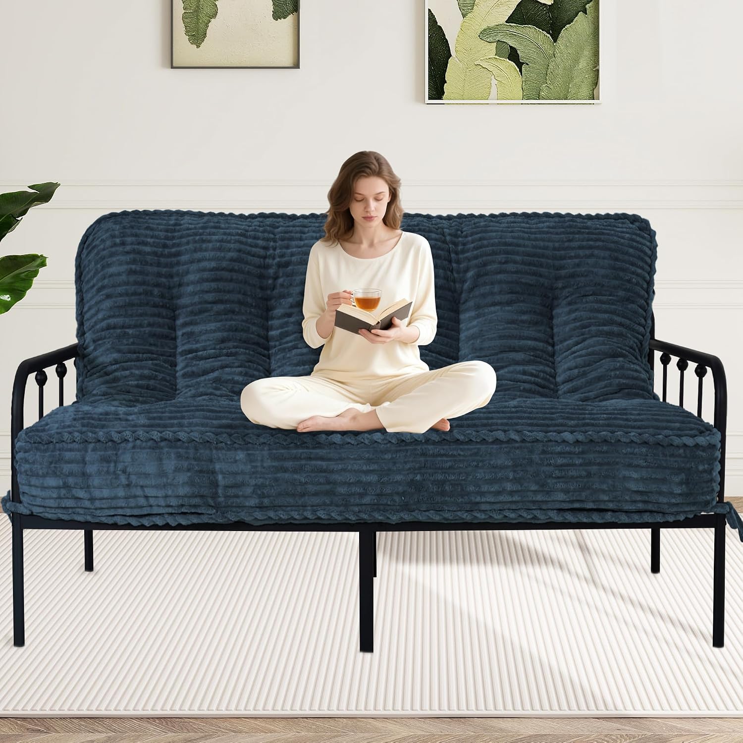 8 Inches Futon Mattress Full Size, Extra Thick Futons Sofa Couch Bed with Strap Design, Japanese Floor Mattress for Adults, Folding Mattres Shredded Foam Filling (Frame Not Included), Blue