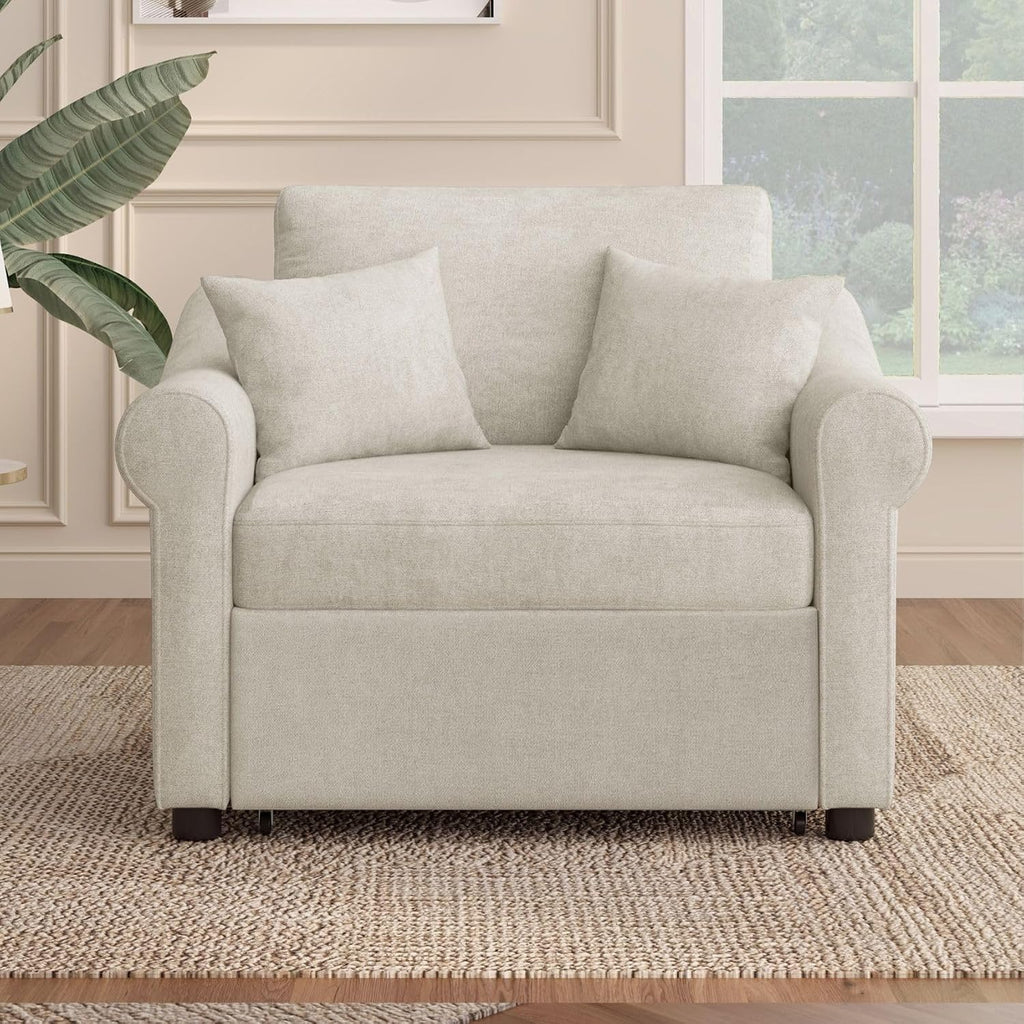 Merax Chenille Convertible Sleeper Chair with Pillow & Adjustable Backrest, Adult 3 in 1 Lounger Sofa Turns Into Chaise Lounge Recliner Single Bed for Living Room Balcony Bedroom Office, Beige